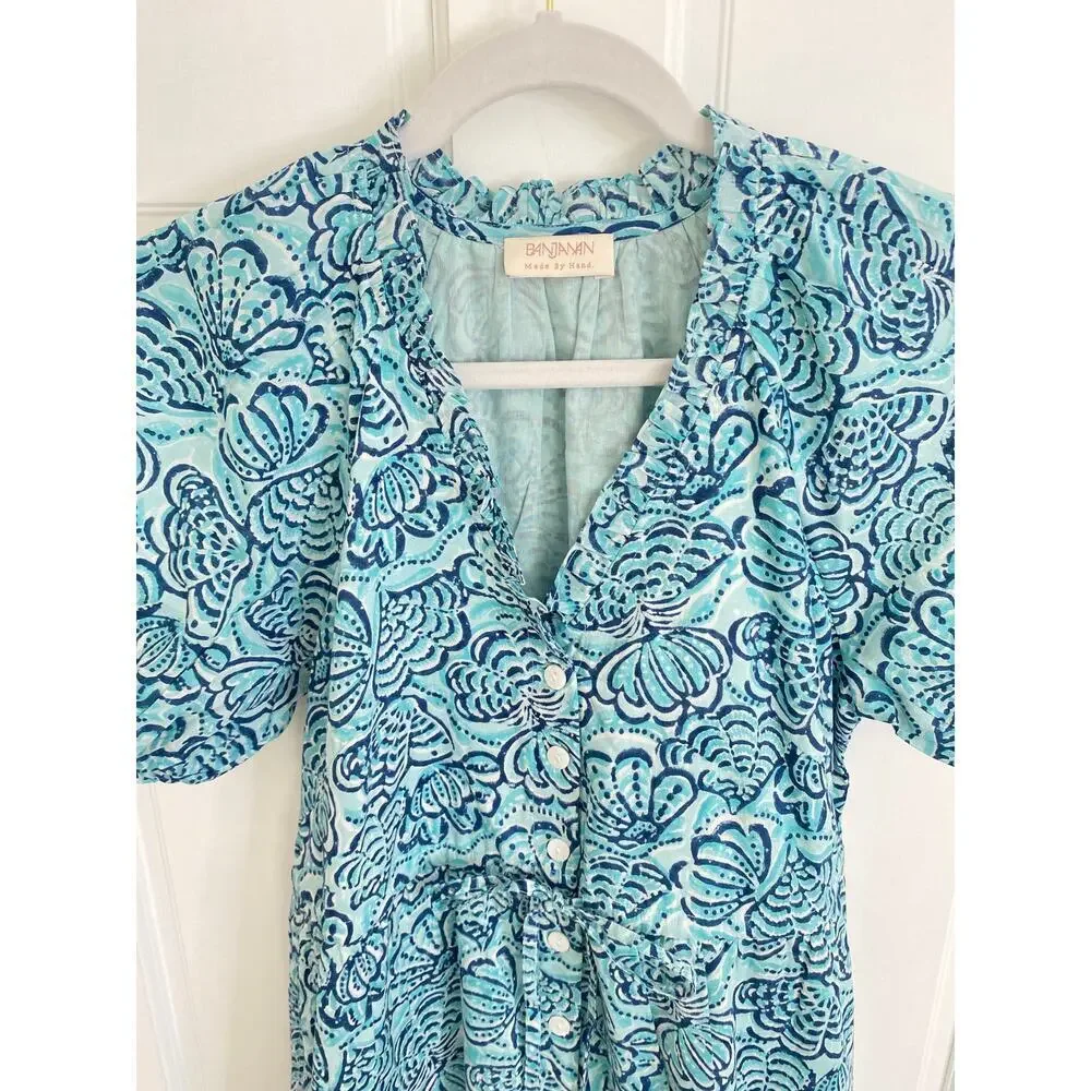 Banjanan Poppy Midi Dress Shell Aqua Puff Sleeve Cotton Button Tuckernuck - Picture 9 of 13